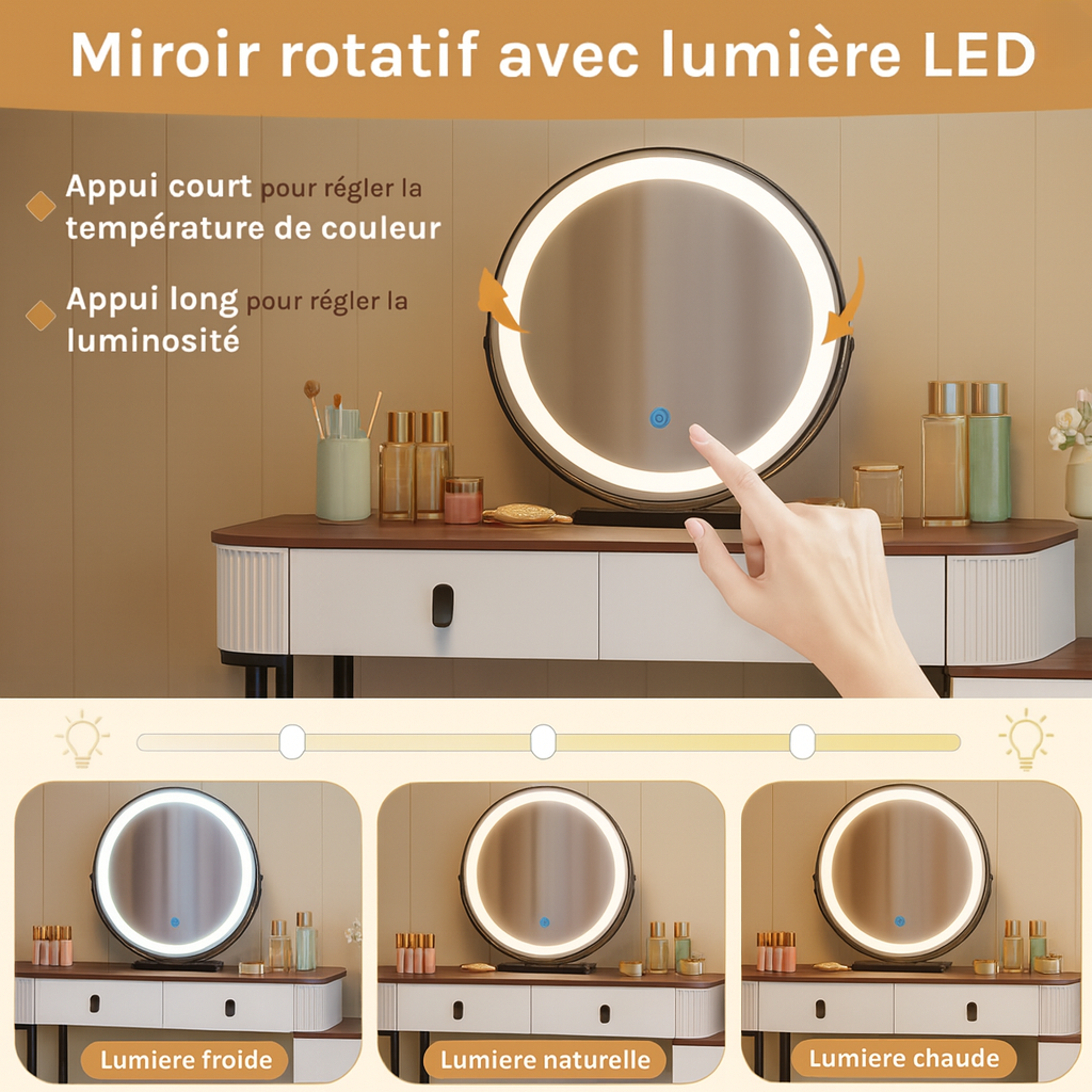 Coiffeuse Design Blanc & Bois avec Miroir LED Rond