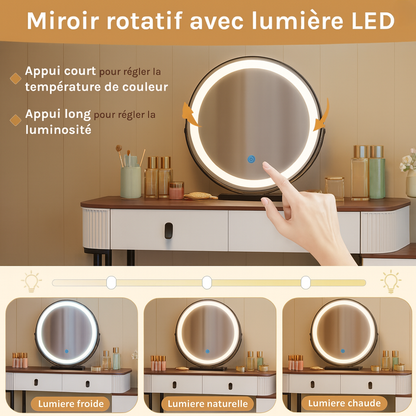 Coiffeuse Design Blanc & Bois avec Miroir LED Rond