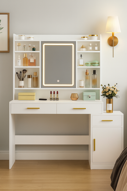 Coiffeuse avec miroir LED et rangement