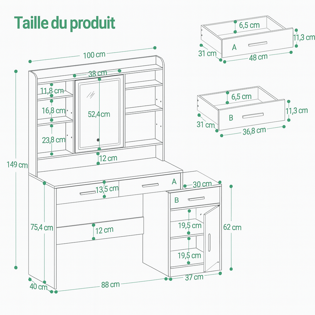 Coiffeuse avec miroir LED et rangement