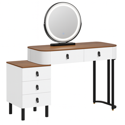 Coiffeuse Design Blanc & Bois avec Miroir LED Rond