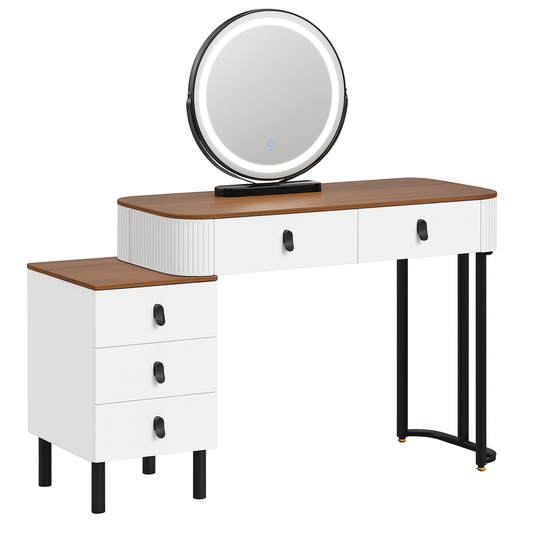 Coiffeuse Design Blanc & Bois avec Miroir LED Rond
