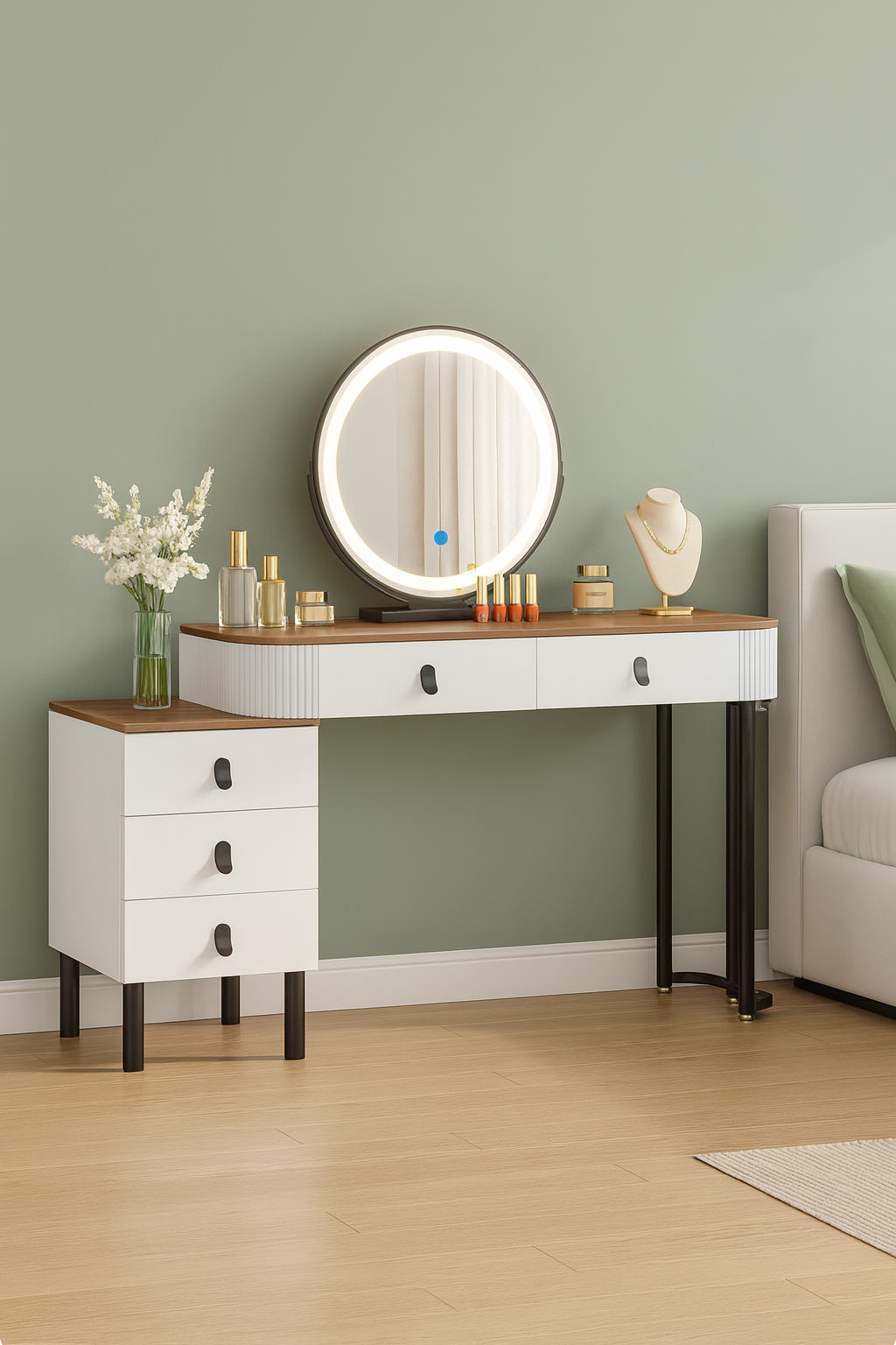 Coiffeuse Design Blanc & Bois avec Miroir LED Rond