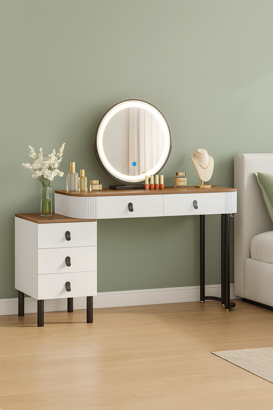 Coiffeuse Design Blanc & Bois avec Miroir LED Rond