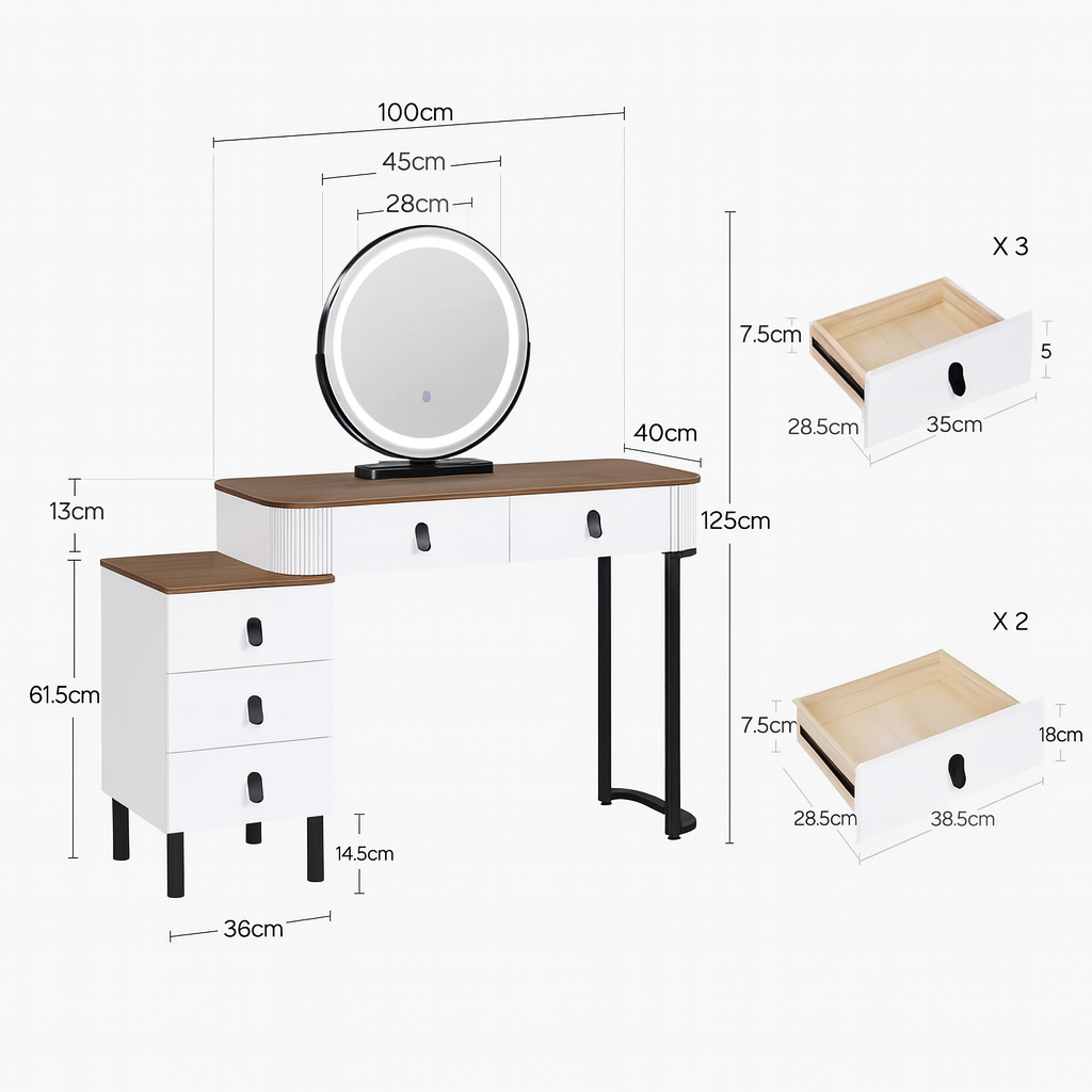 Coiffeuse Design Blanc & Bois avec Miroir LED Rond